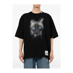 Schwarzes T-Shirt mit Katzenprint und Rundhalsausschnitt