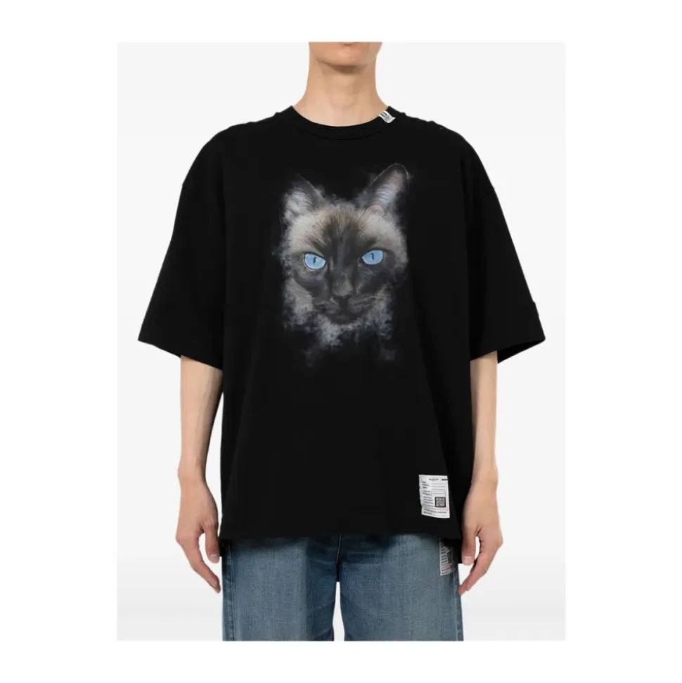 Schwarzes T-Shirt mit Katzenprint und Rundhalsausschnitt