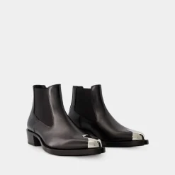 Schwarze/Silberne Leder Chelsea Boots