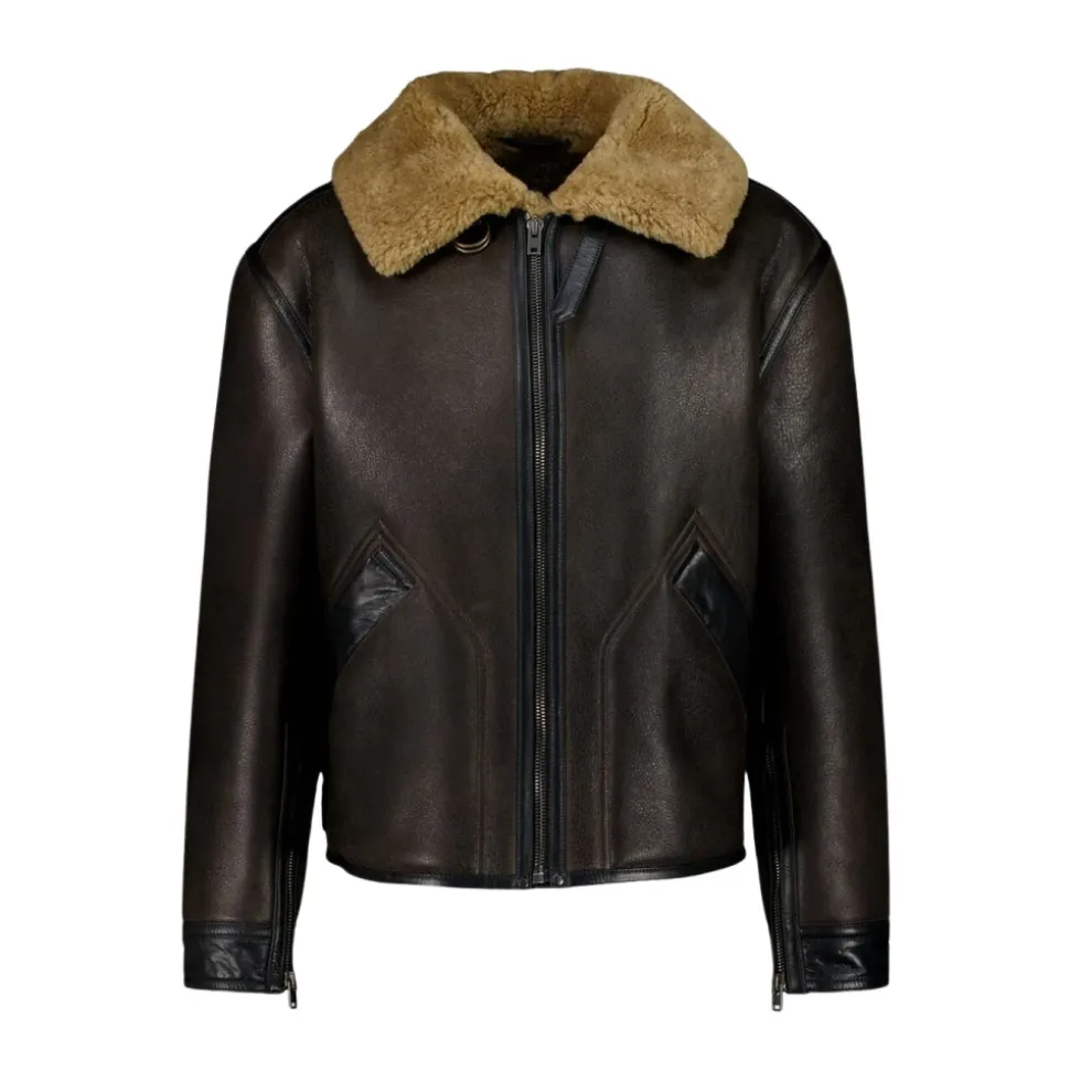 Shearling-Mantel mit kontrastierendem Lederbesatz