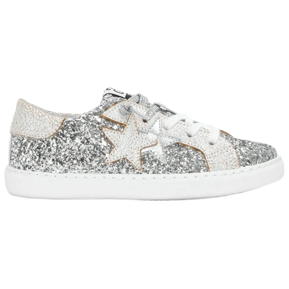 Silberne Glitzer-Sneakers mit Weißen Lederelementen
