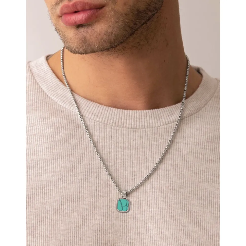 Silver Necklace with Square Turquoise Pendant