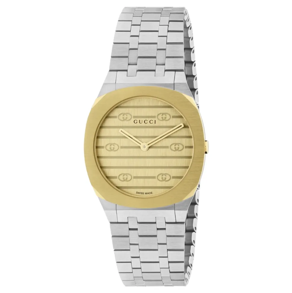 Uomo/Donna - YA163502 - 30mm Edelstahl und 18k vergoldetes Mehrschichtgehäuse, goldene Messing-Zifferblatt mit Interlocking G-Motiv, Armband mit fünf Edelstahl-Gliedern