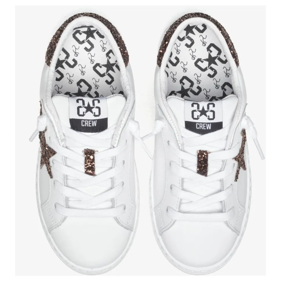Weiße Ledersneakers mit Glitzerbronze-Details