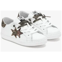 Weiße Low-Top-Sneaker aus Leder mit schwarzen und glitzernden Details