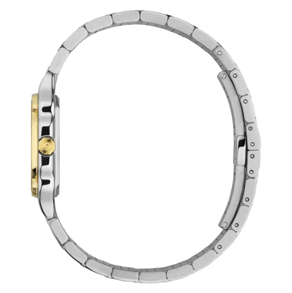 YA166503 - G-Flat 24mm Edelstahlgehäuse mit 18 kt gelbgoldbeschichteter Lünette und Schrauben; Silber galvanisiertes Zifferblatt mit römischen Indexen um 12 und 6 Uhr und Diamantindexen; Edelstahlarmband
